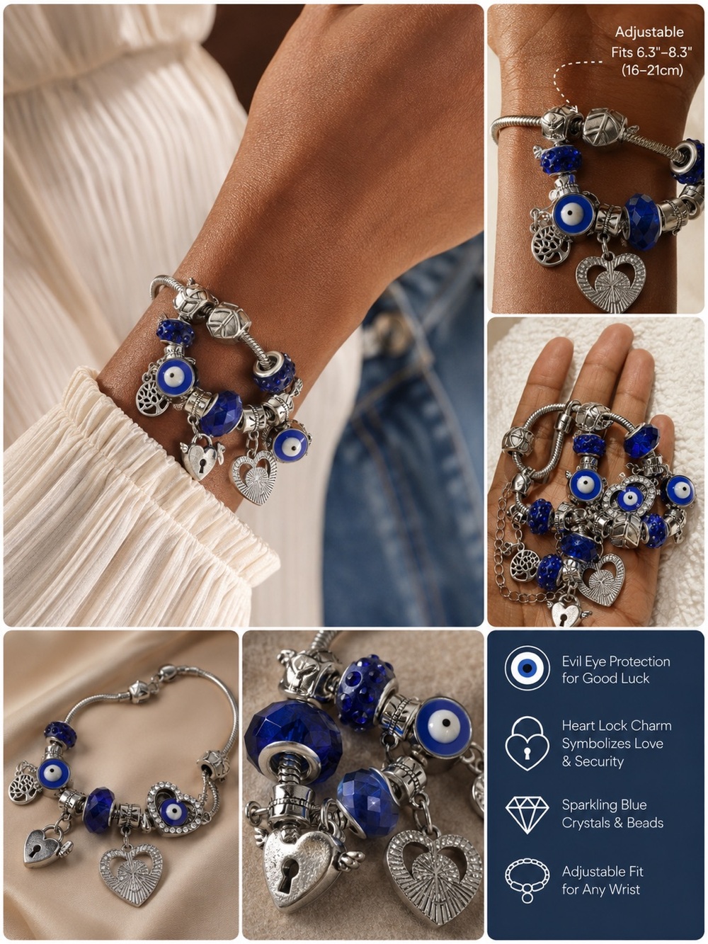 2pcs Blue Evil Eye Charm Bracelet - Women Jewelry